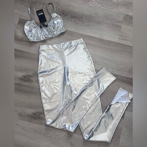 EGO Silver Metallic Crop Top & High-Waist Leggings Set.